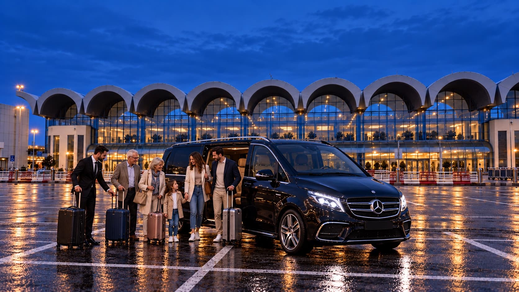 A family with suitcases getting into a black BlackCab 7 minivan outside the terminal at dusk