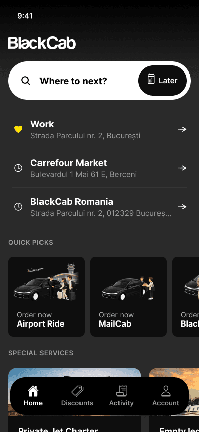 The BlackCab app home: where to next, saved places and quick picks