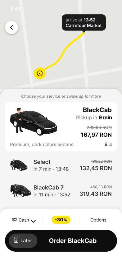 Choosing a car in the BlackCab app, with the route and the prices