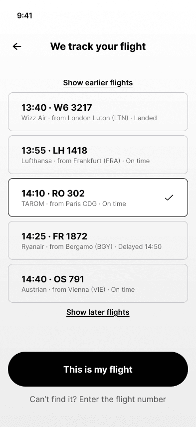 The BlackCab app's flight picker: today's arrivals, with RO 302 from Paris selected