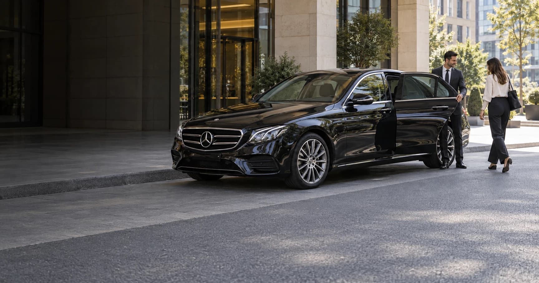 A chauffeur holding the door of a black sedan for a businesswoman outside an office building