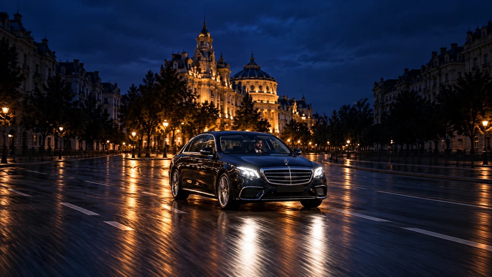 A black BlackCab sedan with a chauffeur at the wheel, driving at night in Bucharest